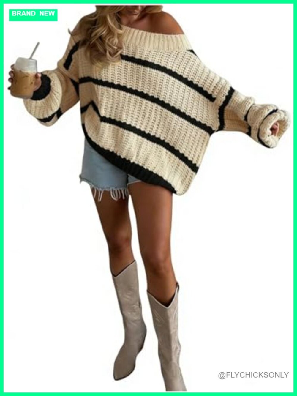 Womens Off The Shoulder Striped Pullover Sweater Loose Fit Long Sleeve